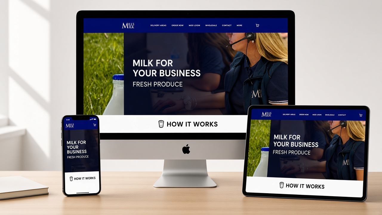 Mills Milk Scotland website on desktop, tablet and phone — milk delivery across Ayrshire and Glasgow
